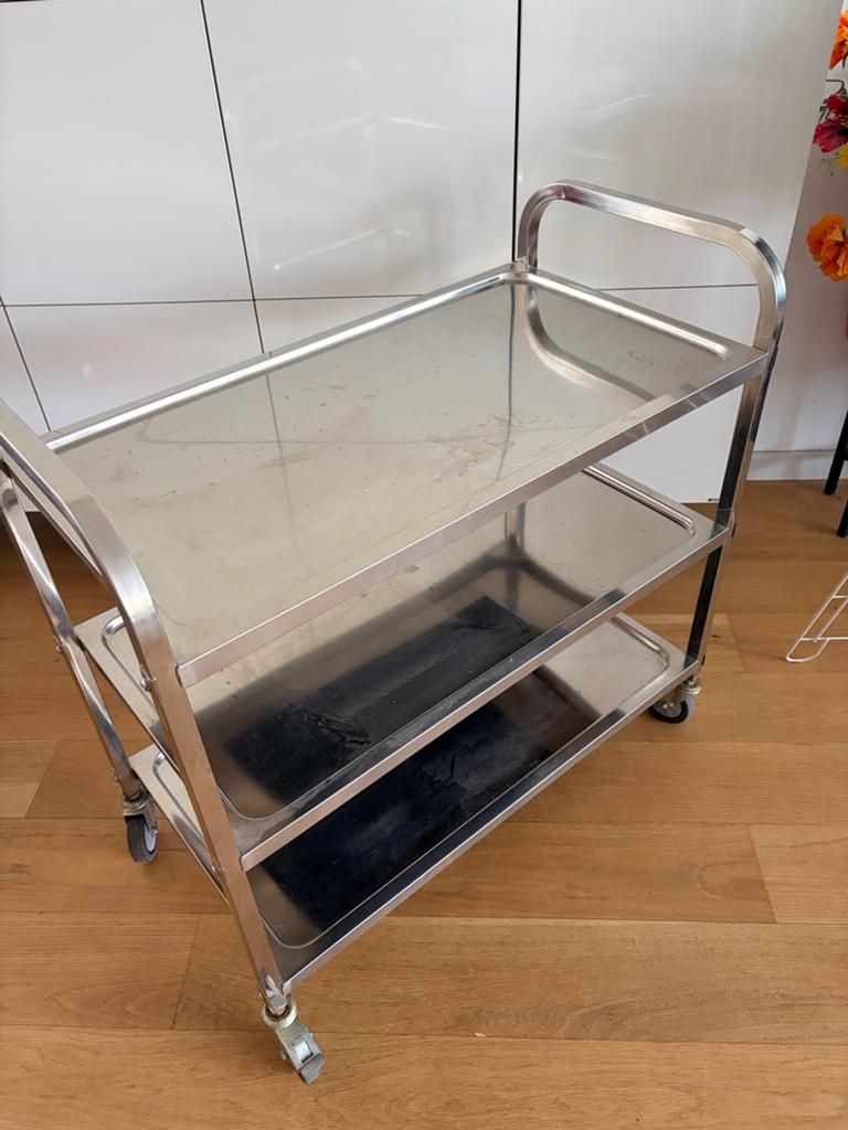 RVS Serveerwagen met 3 Bladen en Wielen, Gebruikt, Ophalen of Verzenden, Zilver, Metaal