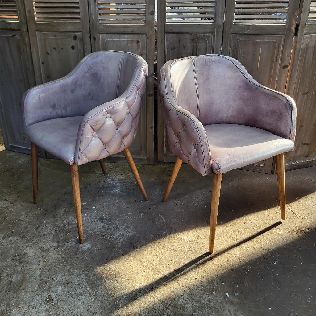Set van 2 Chesterfield stoelen, bijzet fauteuils, grijs leer, Twee, Chesterfield, Leer, Ophalen of Verzenden