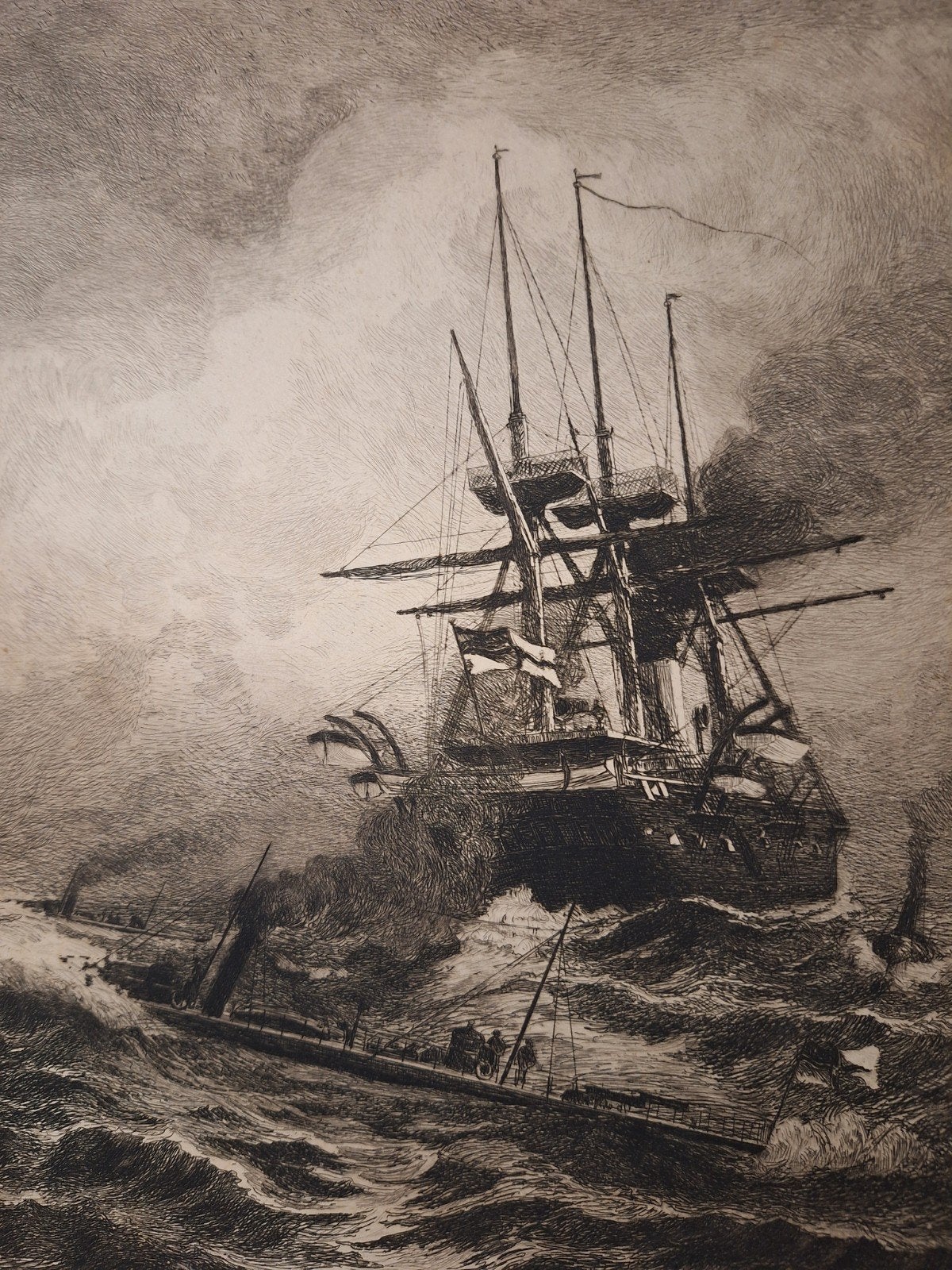 Ets: Schip in Nood door Eschke, 1800 - 1899, Ets, Ophalen of Verzenden, Origineel