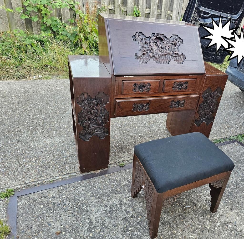 Chinese handgesneden secretaire met bankje, Antiek en Kunst, Ophalen