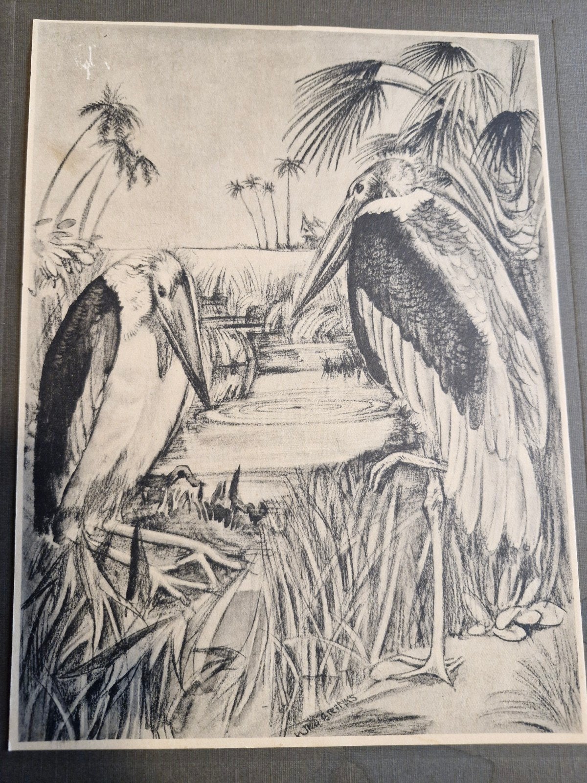 Kuno Brinks 'twee maraboes aan een poel' 1946, Ophalen of Verzenden