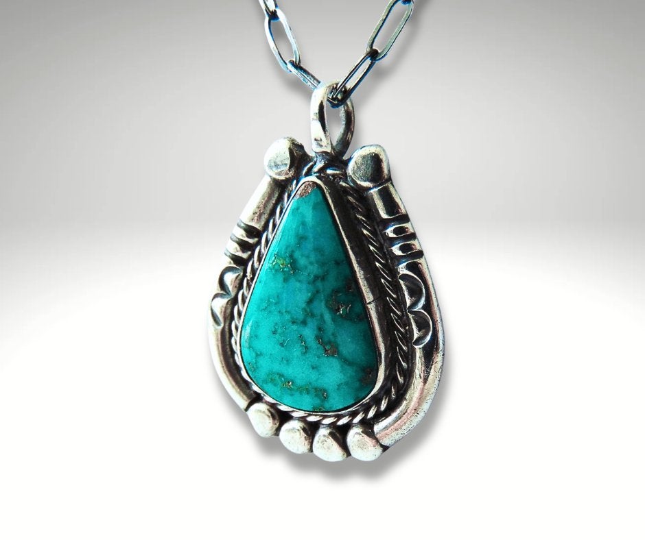 Sublieme NAVAJO zilver turquoise hanger aan paperclip chain!, Verzenden, Zo goed als nieuw, X, Met edelsteen