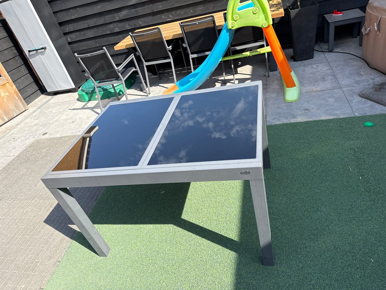 Uitschuifbare tuintafel met glazen blad, Ophalen, Gebruikt, Rechthoekig, Metaal