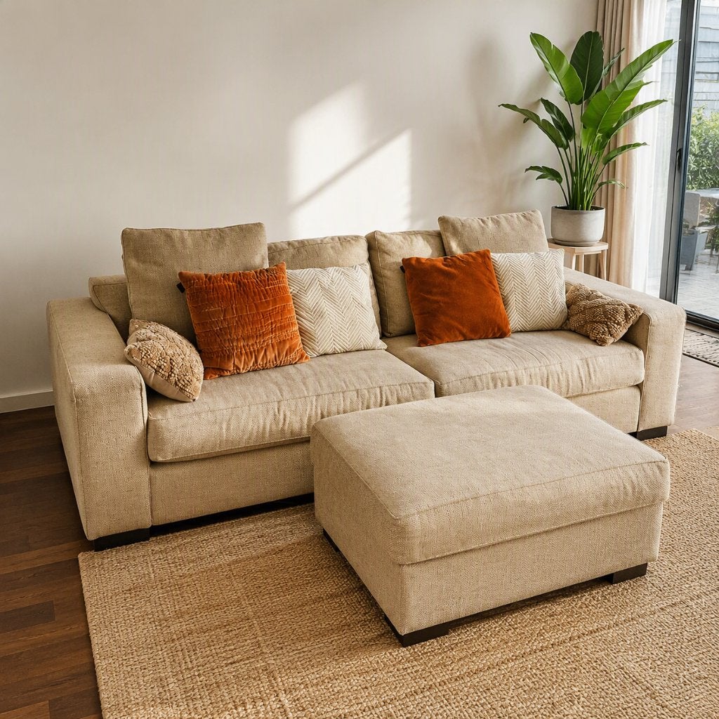 3-zits bank met hocker/poef + luxe Dutch Decor kussens, Gebruikt, Driepersoons, 75 tot 100 cm, Ophalen of Verzenden