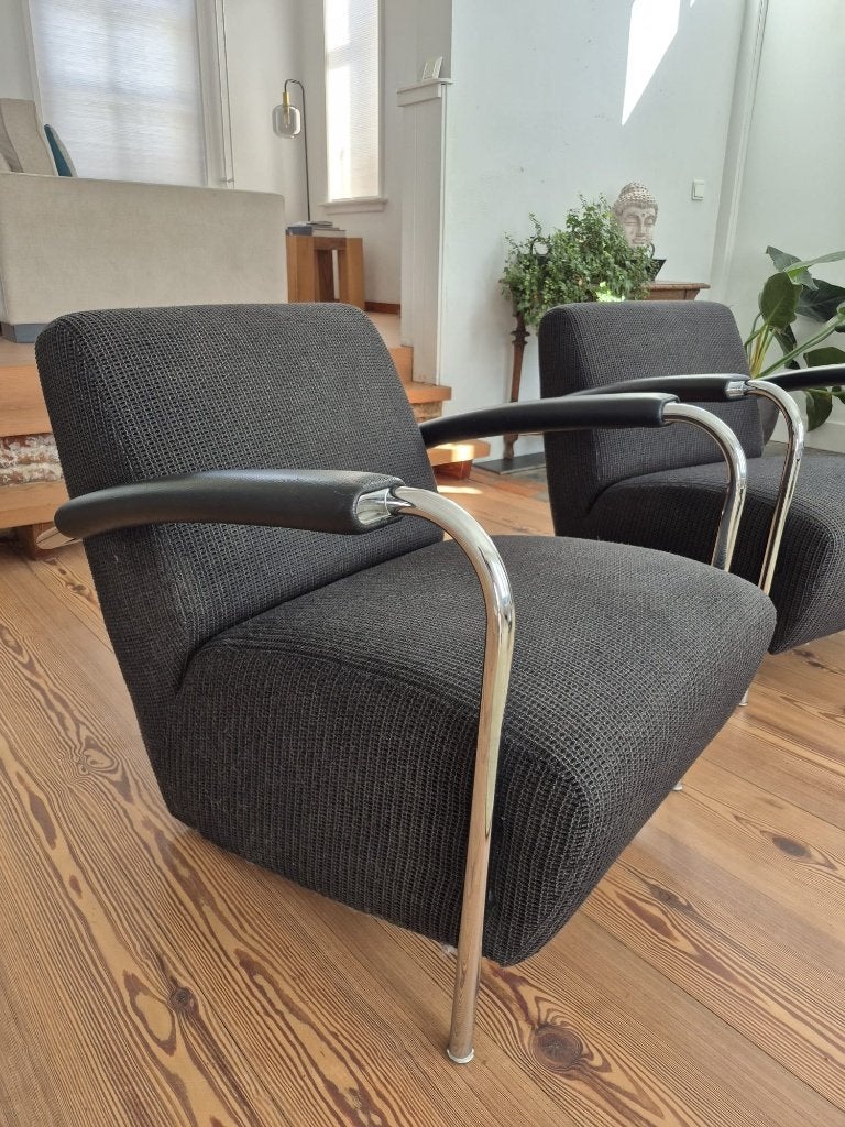 2x Leolux Scylla Fauteuil - Antracietgrijs & Chroom, Ophalen, Gebruikt, Leer, 75 tot 100 cm