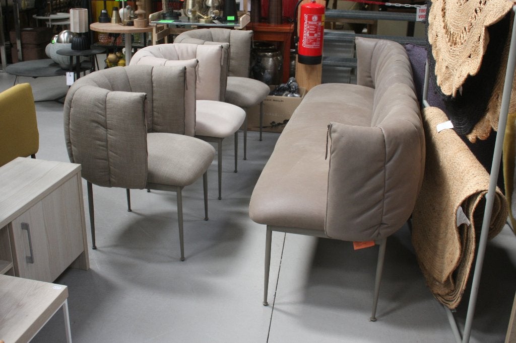 Luxe eetbank + 3 eetkamerstoelen PUFFER Jess leer & stof, Huis en Inrichting, Ophalen, Overige kleuren, Drie, Leer