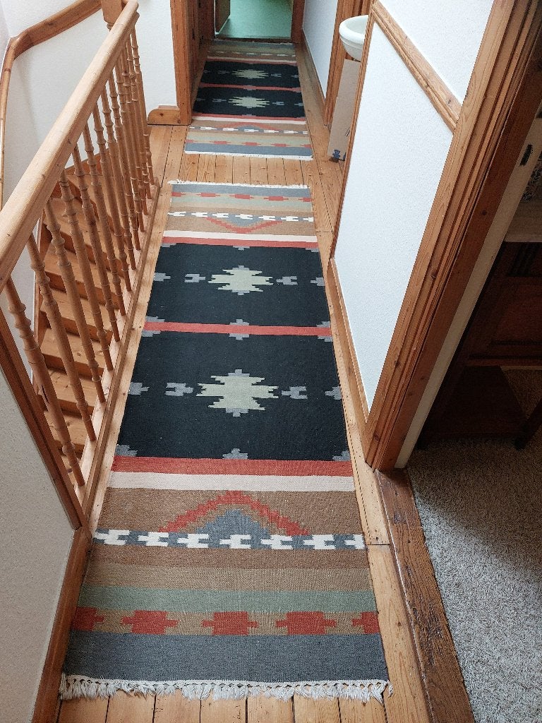 Twee lange kleurrijke lopers met etnisch patroon, Gebruikt, 200 cm of meer, Zwart, Rechthoekig