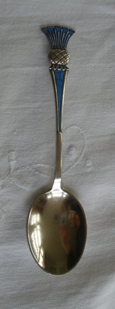 Zeldzame art-deco J. Tostrup zilveren emaille distel lepel, Antiek en Kunst, Ophalen of Verzenden, Zilver