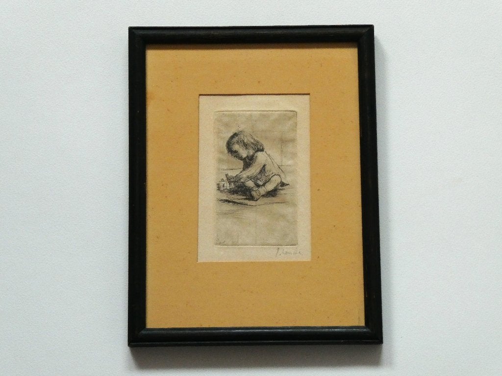 Ets Kleuter / kind speelgoed gesigneerd Jules Van Ael België, Ingelijst, Ets, Ophalen of Verzenden, 23 cm