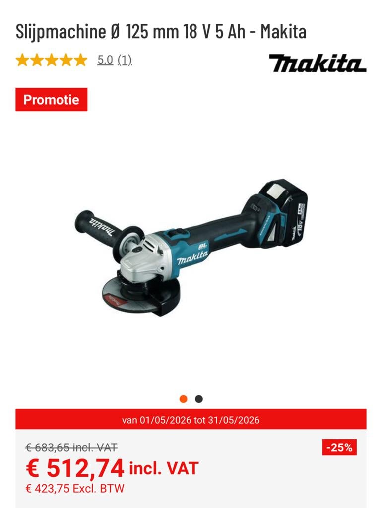 Makita Slijpmachine Ø 125 mm 18 V 5 Ah (excl. lader/sleutel), Ophalen of Verzenden, Gebruikt, Haakse handslijpmachine
