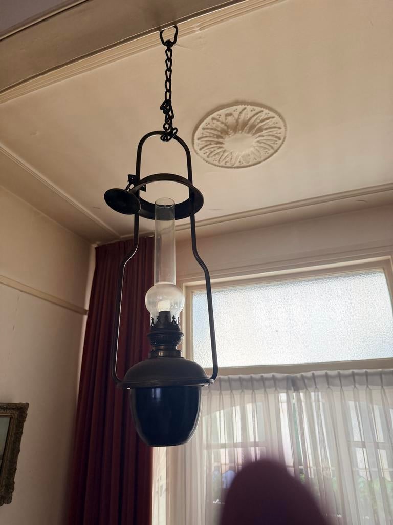 Antieke hanglamp / olielamp - sfeervolle verlichting, Huis en Inrichting, Lampen | Kroonluchters, Ophalen of Verzenden, Gebruikt