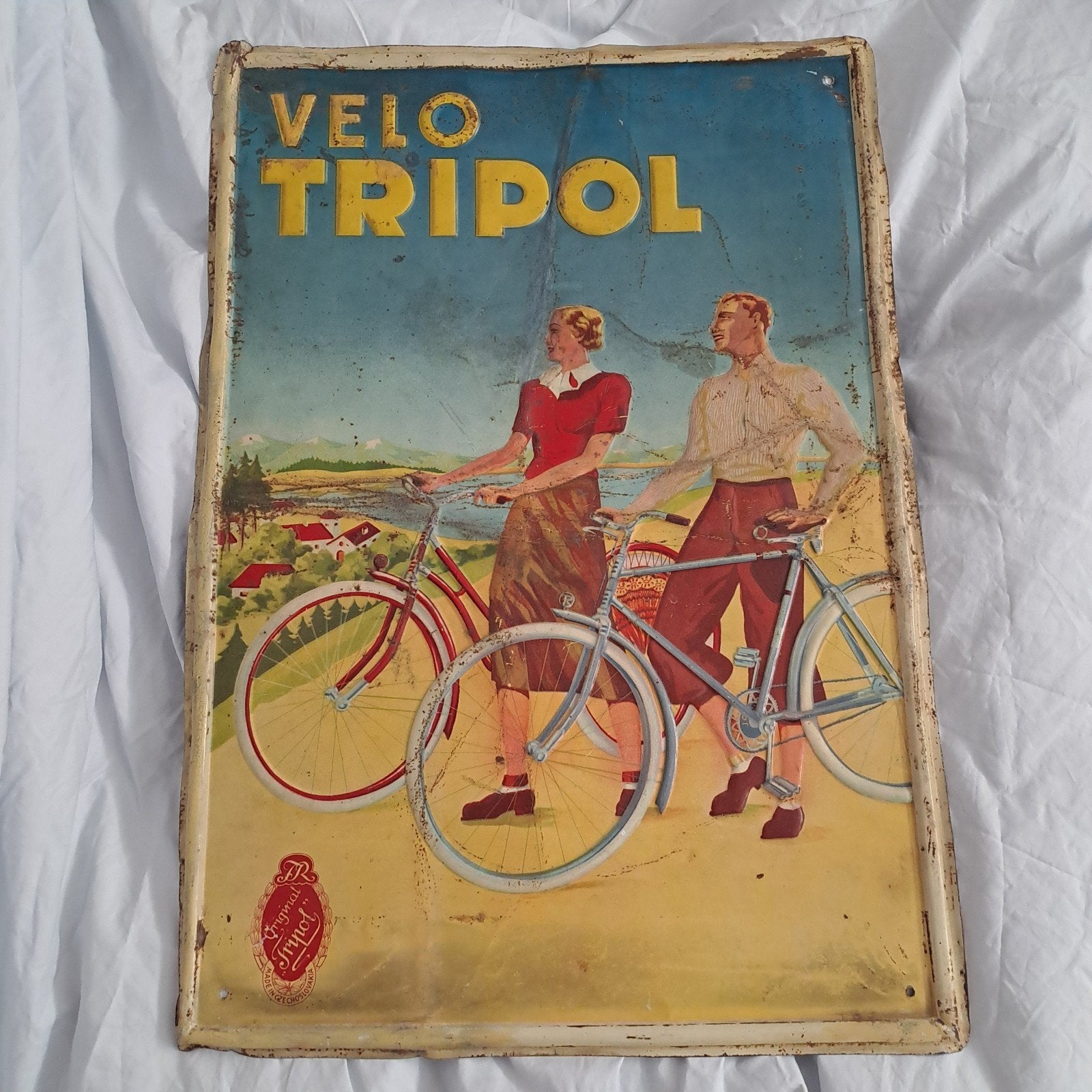 blikken bord Tripol fietsen Tsjechoslowakije, Verzamelen, Ophalen of Verzenden, Gebruikt, Reclamebord
