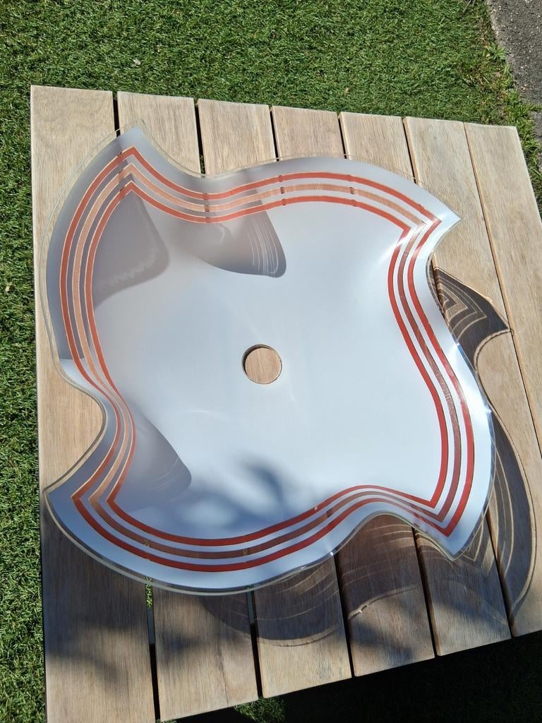 Vintage glazen plafondlamp kap met rode strepen, Huis en Inrichting, Lampen | Lampenkappen, Ophalen, Gebruikt, 25 tot 50 cm, Vintage, Retro