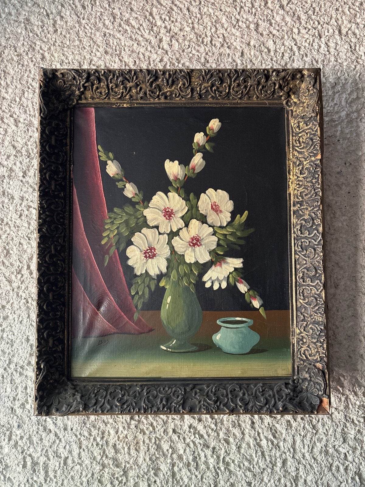 Vintage bloemstilleven in sierlijke lijst, Doek, Olieverf, Klassiek, Ingelijst