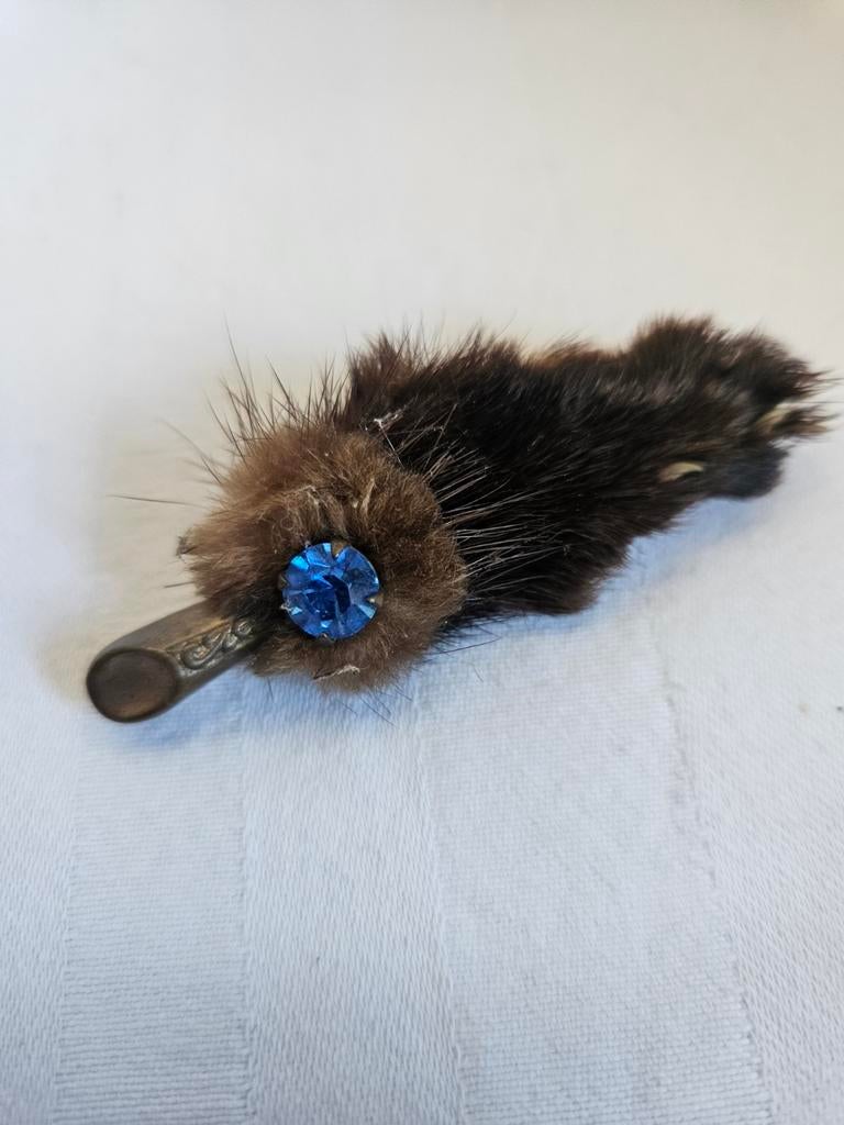 Vintage Broche met Bont en Blauwe Steen, Ophalen of Verzenden, Gebruikt