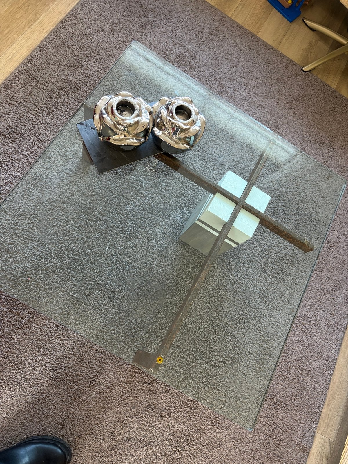 Glazen salontafel met metalen onderstel, Ophalen, 50 – 75, Gebruikt, Vierkant