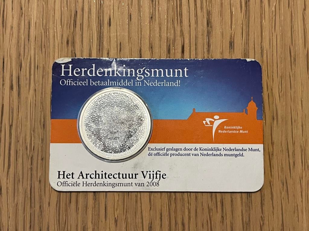 Architectuur Vijfje - Herdenkingsmunt 2008, Koningin Beatrix, Zilver, Euro's, Ophalen of Verzenden