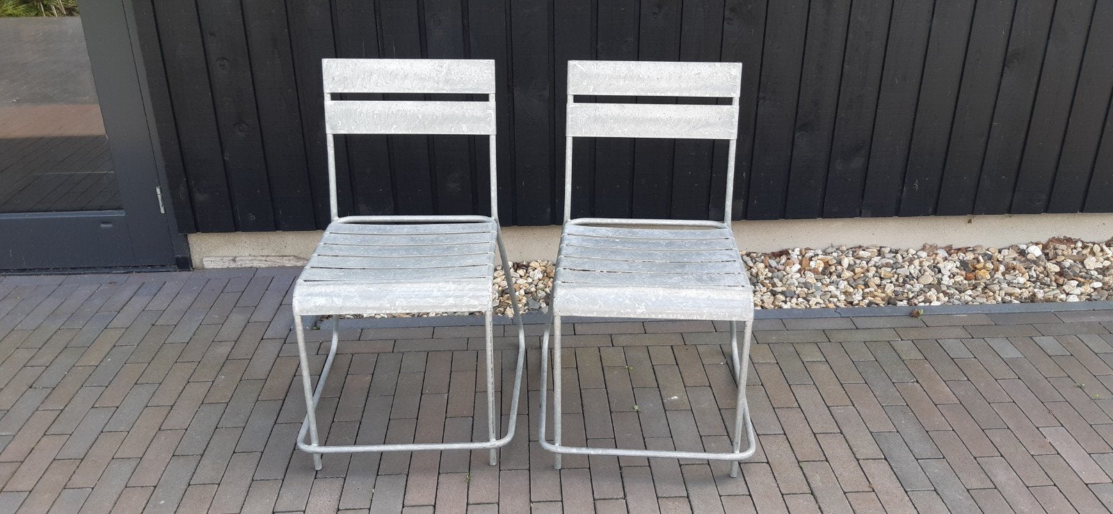 Set van 2 gegalvaniseerde metalen stoelen, Huis en Inrichting, Stoelen, Ophalen, Gebruikt, Twee, Overige kleuren