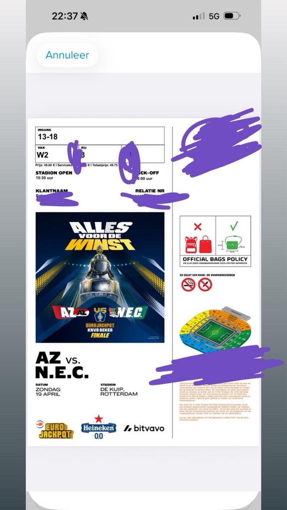 ‼️1 kaartje te koop, bekerfinale AZ-NEC‼️, 1 speler, Ophalen of Verzenden, Zo goed als nieuw, Vanaf 3 jaar
