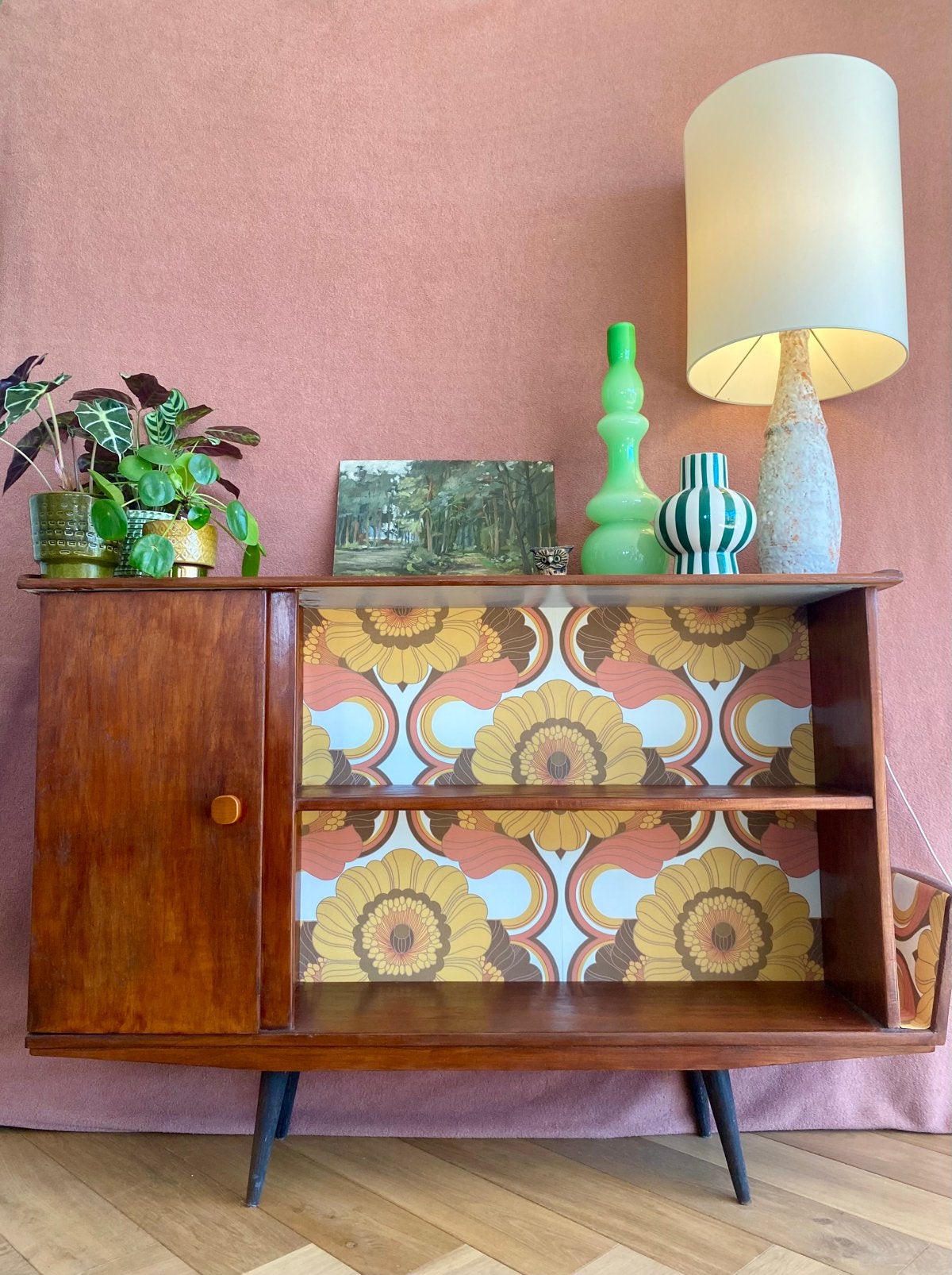 Vintage meubel dressoir midcentury , lektuurbak retroprint, Ophalen, Met deur(en), 100 tot 150 cm, -