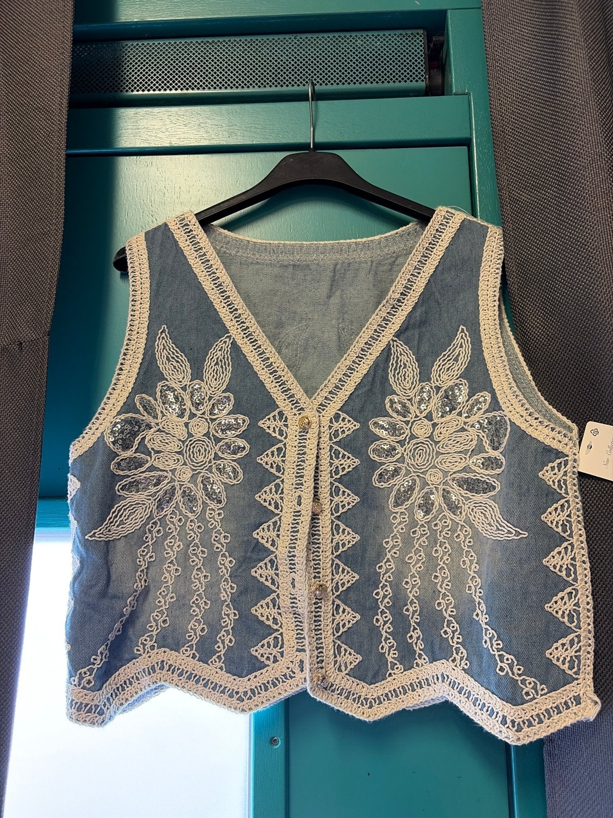 Denim gilet supercool boho Ibiza met pailletten, Ophalen of Verzenden, Nieuw, Maat 36 (S), Blauw