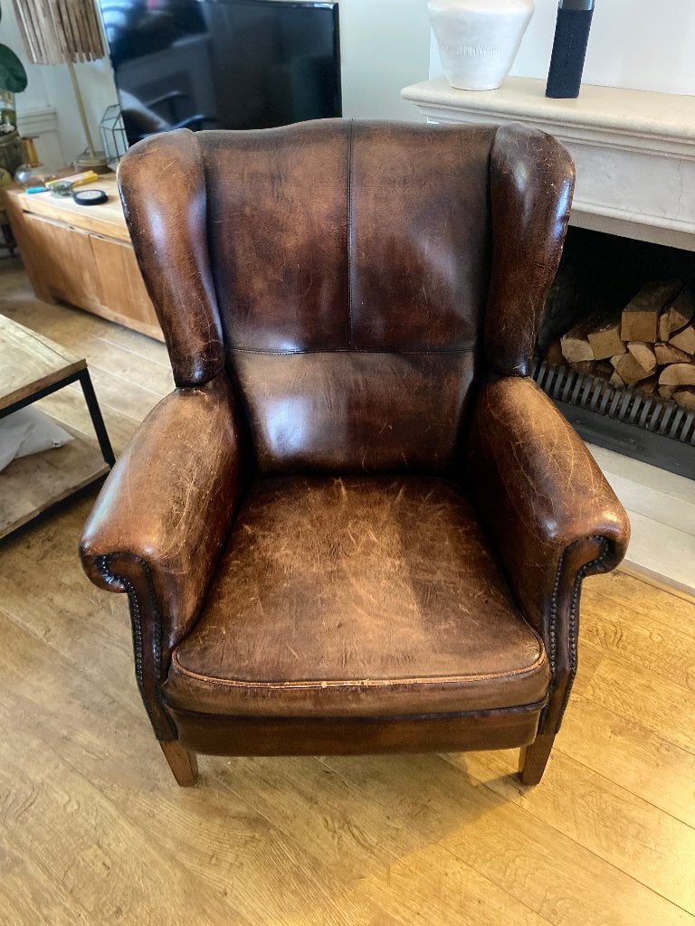 Antieke Bruin Leren Oorfauteuil, Ophalen