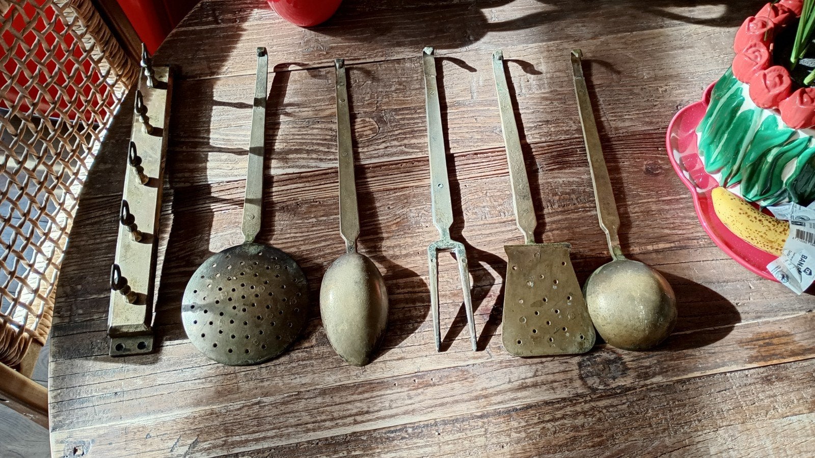 Antieke koperen keukengerei set met ophangrek, Antiek en Kunst, Ophalen of Verzenden
