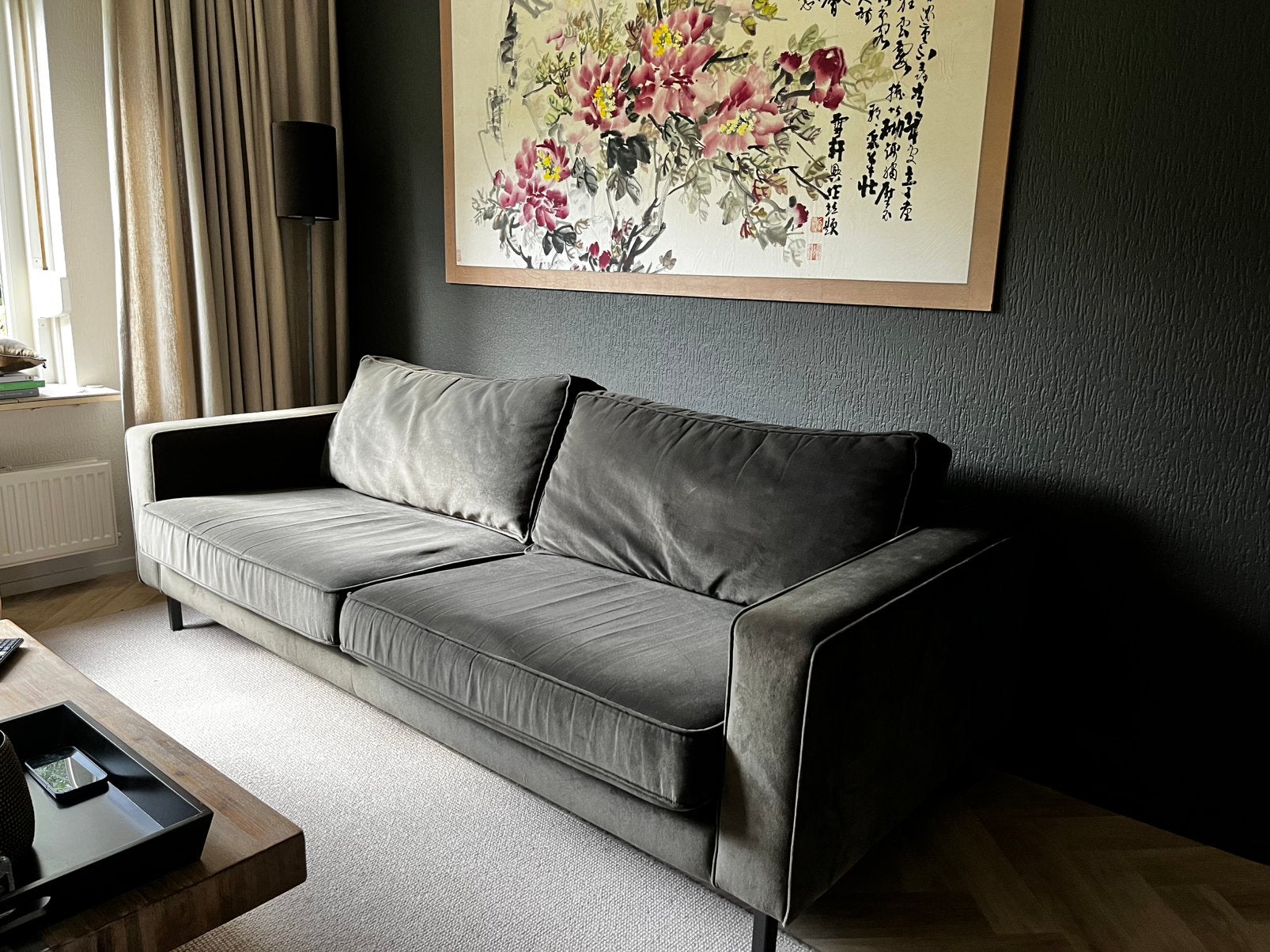 3-zitsbank donker groen Velours, Huis en Inrichting, Ophalen, Driepersoons, 75 tot 100 cm, Zo goed als nieuw