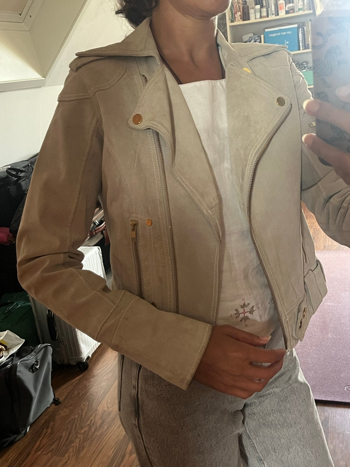 Suède bikerjack, maat L (valt als M) Goosecraft, Ophalen of Verzenden, Gedragen, Maat 38/40 (M), Beige