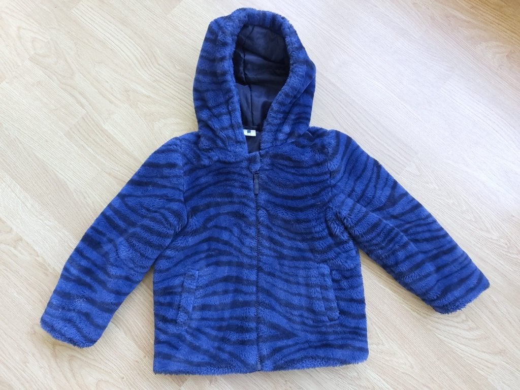 Zachte HEMA teddy winterjas blauw zebra print - maat 110/116, Jongen of Meisje, Ophalen of Verzenden, Zo goed als nieuw, Hema