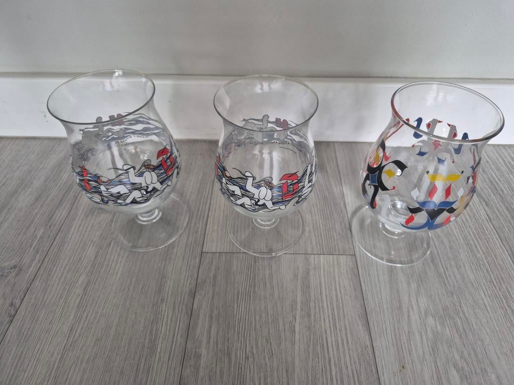 3 Duvel glazen Letman en Franky Sticks Collectors Item, Ophalen of Verzenden, Zo goed als nieuw, Bierglas