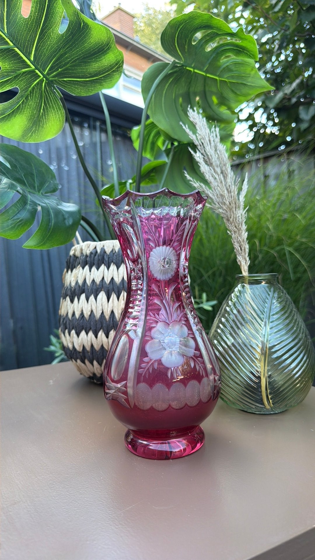 Vintage Boheems Overfang Kristal Vaas – Robijnrood, Ophalen of Verzenden