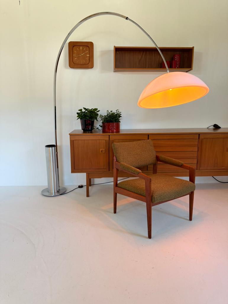 Vintage XXL chromen booglamp, Italië ‘70, Vintage retro buisframe design rotan webbing papercord deens, 200 cm of meer, Ophalen of Verzenden