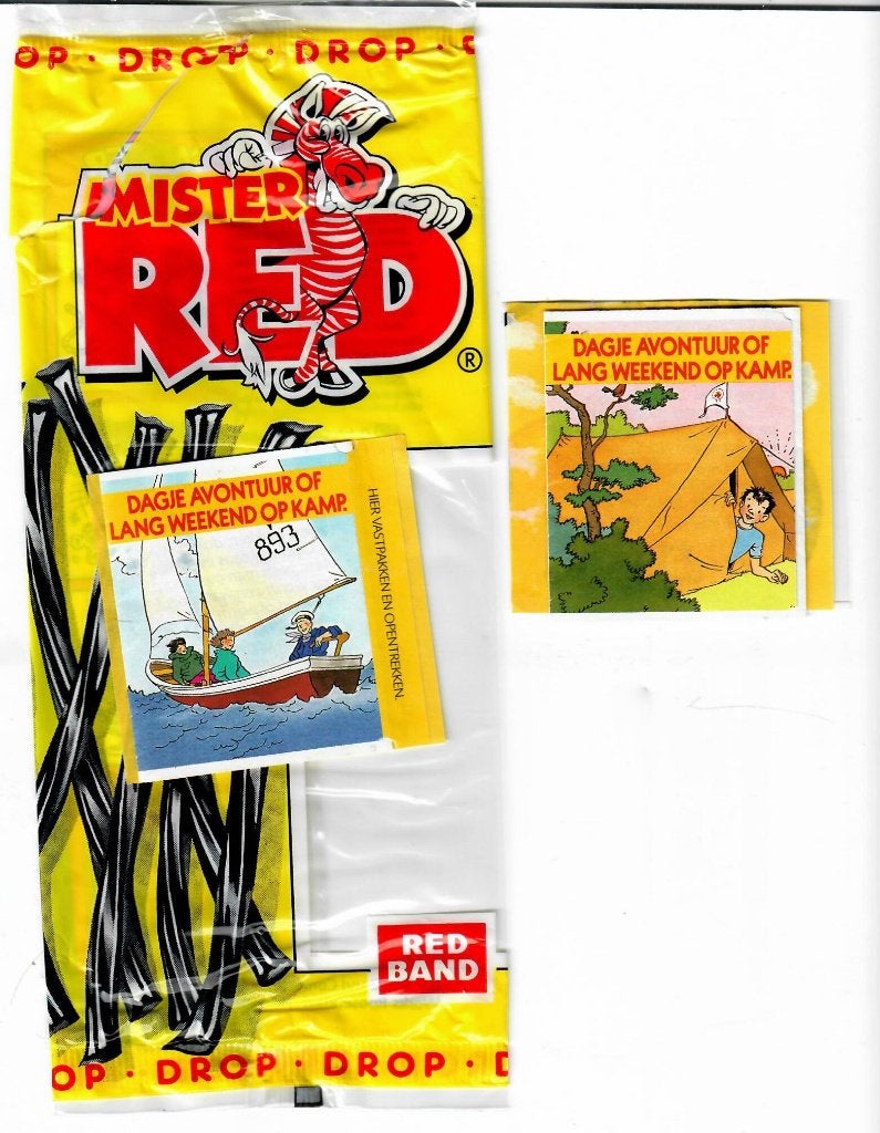 strip bij drop reclame van RedBand 2 verschillende, Verzamelen, Scouting, Verzenden, Nieuw, Embleem, Speld of Insigne