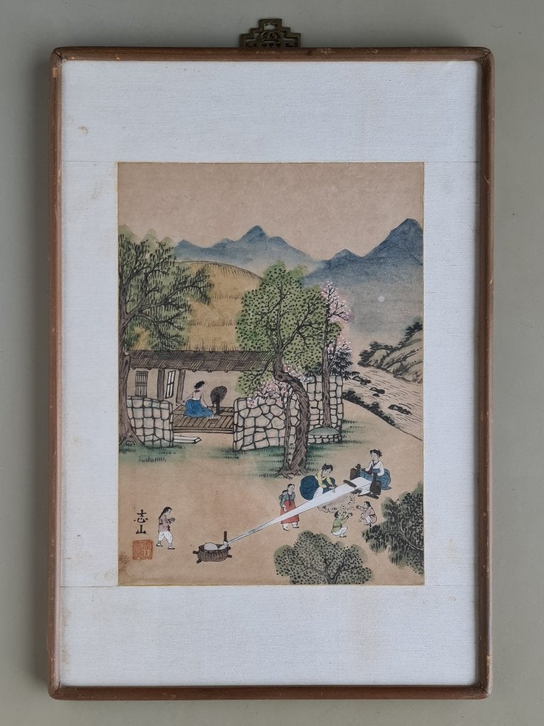 antieke Chinese houtsnede of aquarel gesigneerd 41x30cm, Antiek en Kunst, Kunst | Etsen en Gravures, Dagelijks leven, Ingelijst