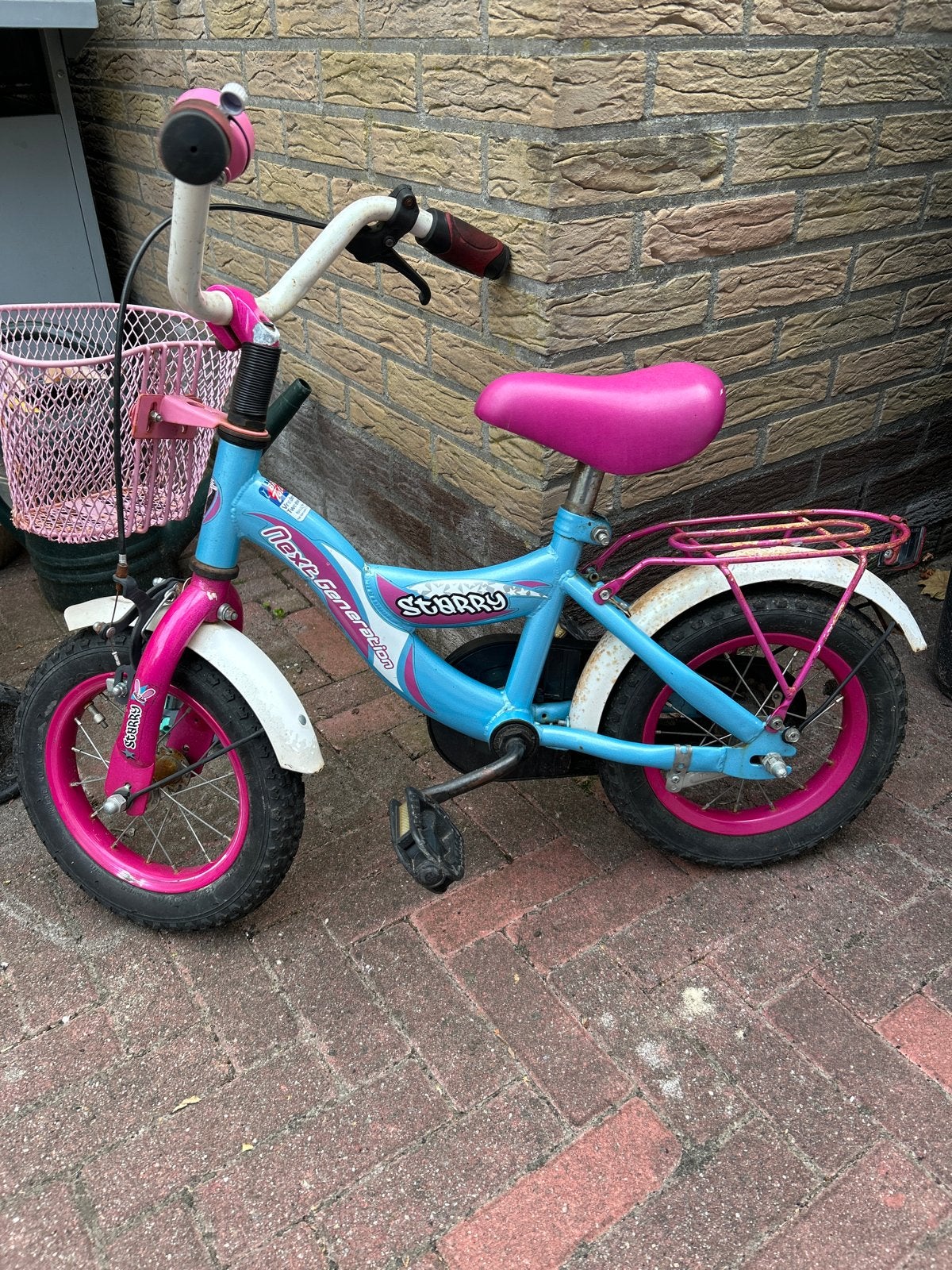 Kinderfiets 12 inch - Roze/Blauw met mandje, Ophalen, Gebruikt, Terugtraprem, Minder dan 16 inch