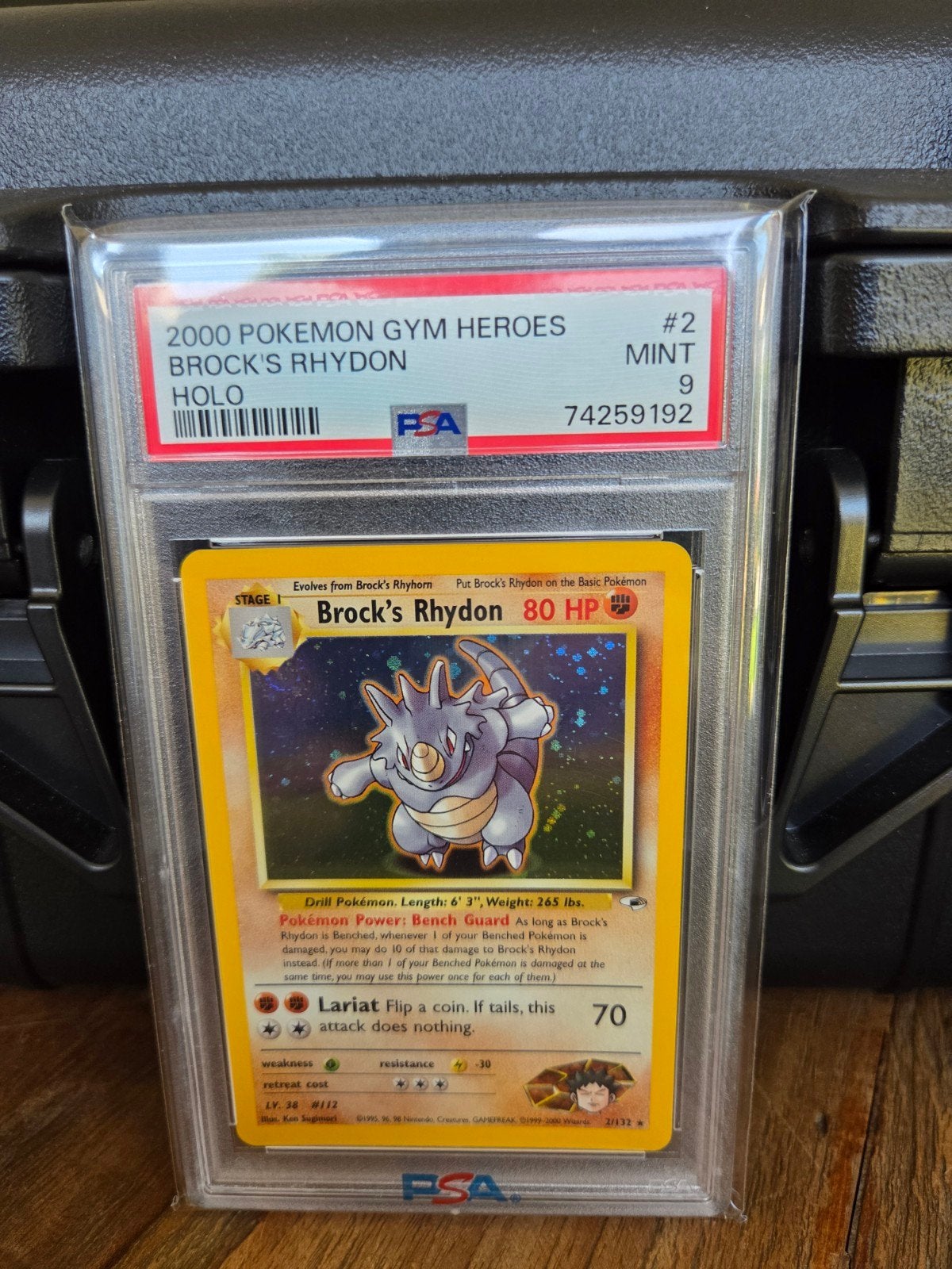 2000 Pokémon Gym Heroes Brock's Rhydon Holo PSA 9 Mint, Ophalen of Verzenden, Zo goed als nieuw, Losse kaart, Foil