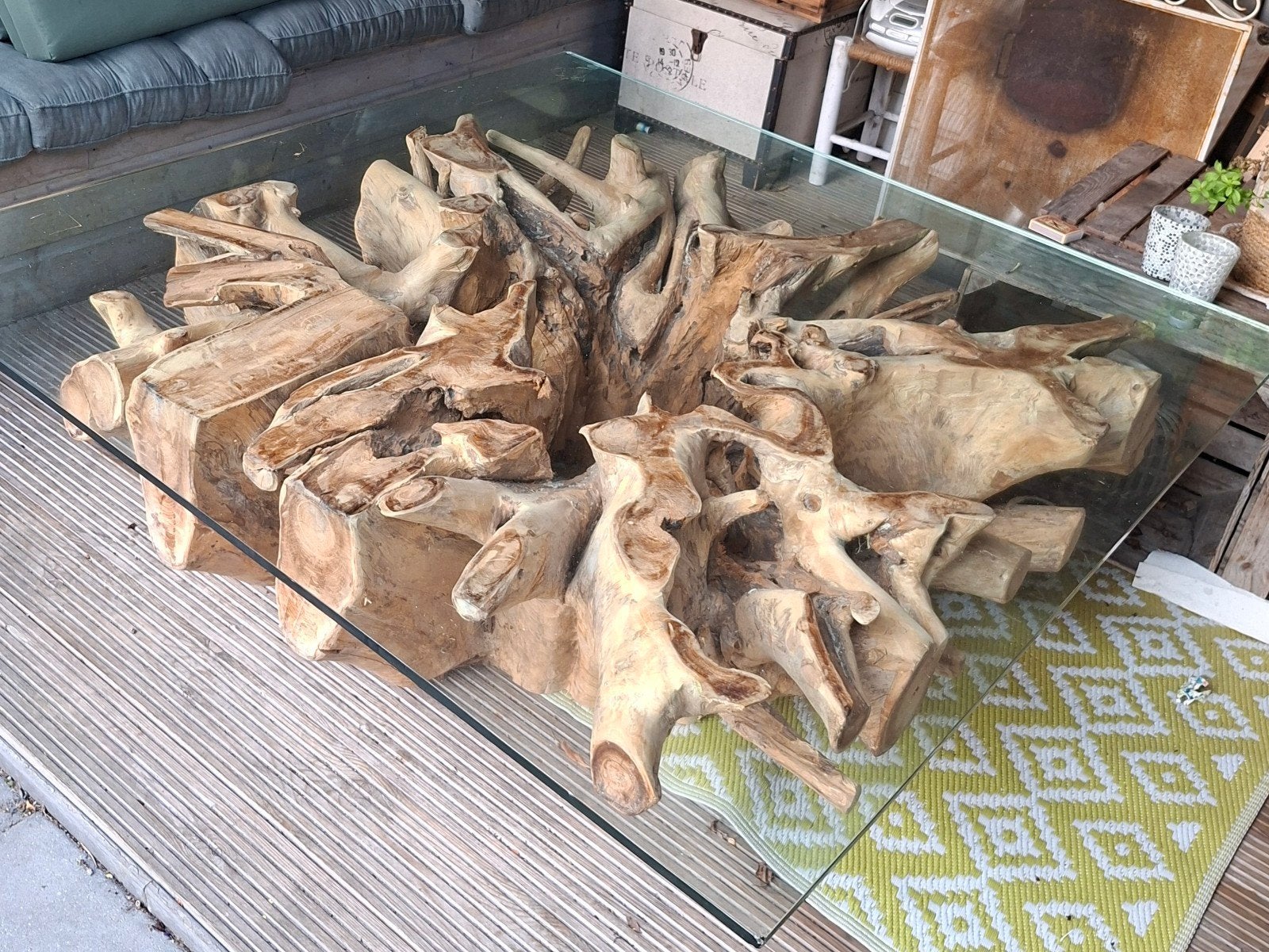 Salontafel van teakhout met glazen blad, Ophalen, Gebruikt, Vierkant, Teakhout