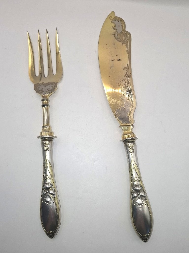 Antiek zilver deels verguld Duits Jugendstil vis serveer set, Antiek en Kunst, Antiek | Bestek, Ophalen of Verzenden