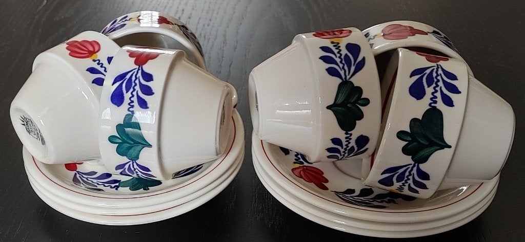 Set van 6 Boerenbont koffiekopjes met schotels, Ophalen, Keramiek, Zo goed als nieuw, Kop(pen) en/of Schotel(s)