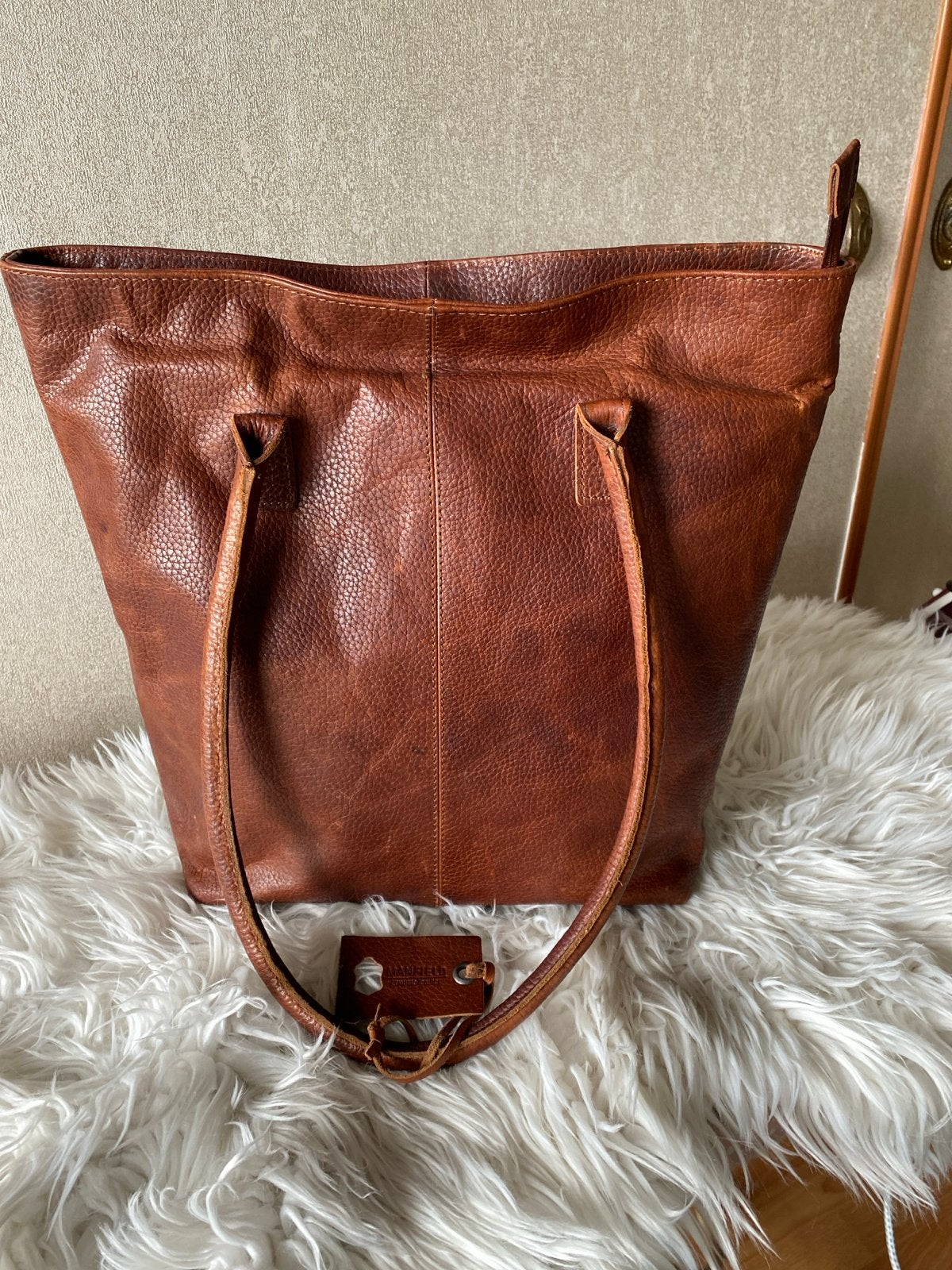 Manfield Leren Shopper - Cognacbruin, Ophalen of Verzenden, Zo goed als nieuw, Bruin, Shopper