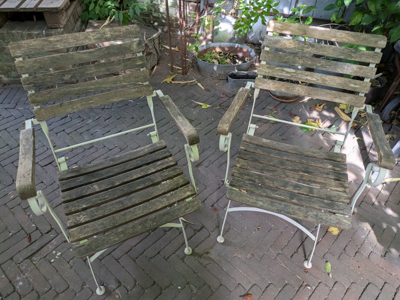 Set van 2 bistrostoelen van gietijzer en hout, Ophalen, Gebruikt, Metaal