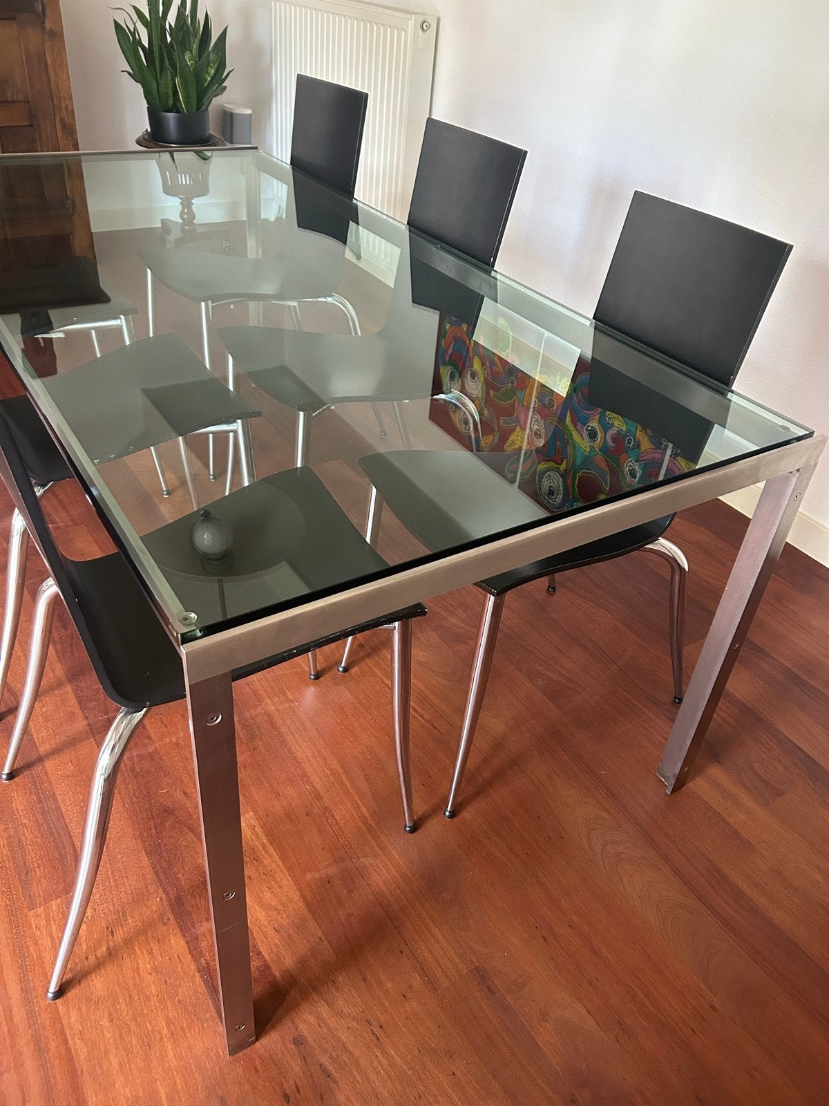 Metaform M2 eettafel met glazen blad en metalen frame, Huis en Inrichting, Tafels | Eettafels, Ophalen, Gebruikt, 50 tot 100 cm