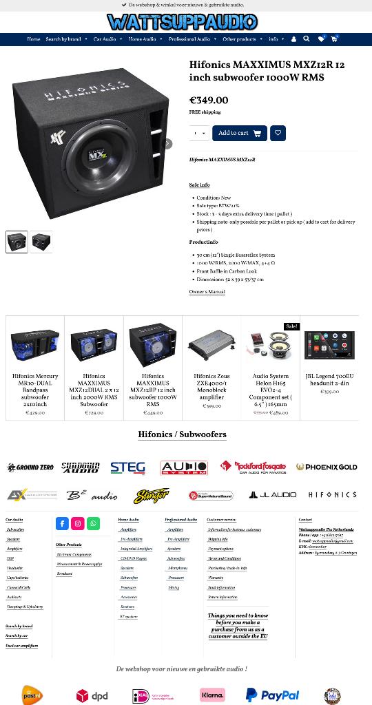 Hifonics MAXXIMUS MXZ12R 12 inch subwoofer 1000W RMS, Audio-design, Nieuw, Am Breilingsweg 3, 76709 Kronau, Duitsland, Ophalen of Verzenden