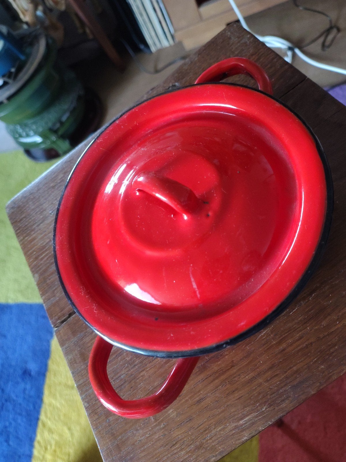 Gaaf rood emaille pannetje 12 cm met deksel, Ophalen of Verzenden