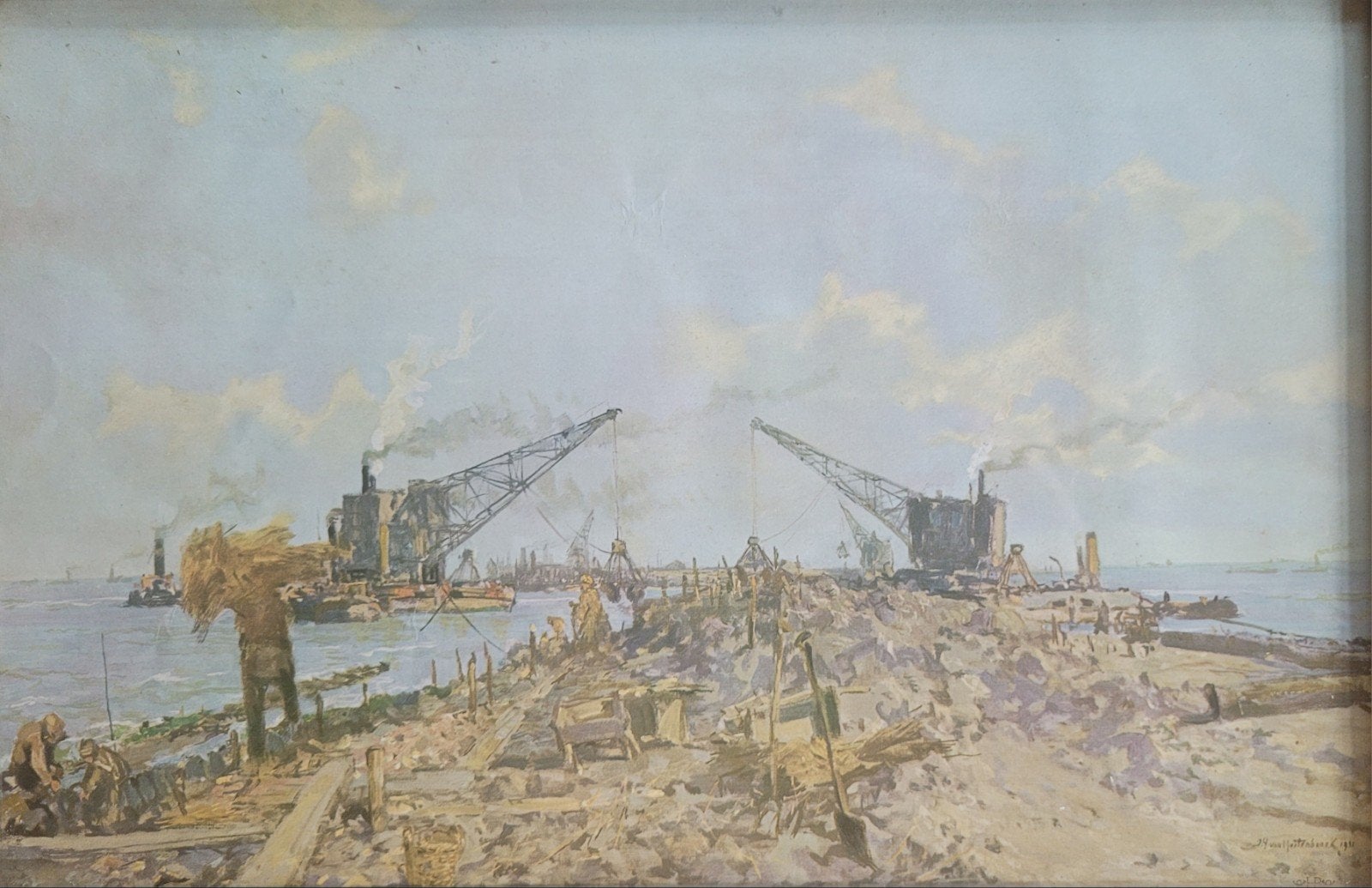 J.H.van Mastenbroek sluiting Zuiderzee / afsluitdijk, Maritiem / water, Doek, Realistisch, Gedateerd