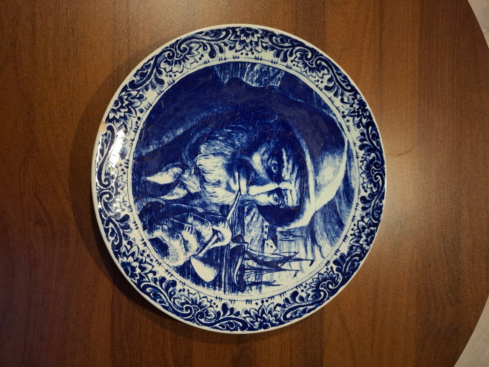 Antiek Delfts Blauw Wandbord - Zeeman met Schip (29cm), Ophalen of Verzenden