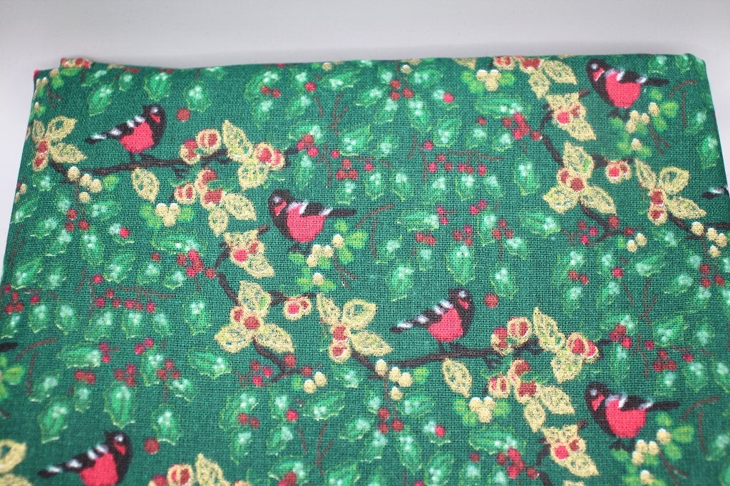 Coupon 100% katoen stof - groen kerst hulst vogels #4132, Hobby en Vrije tijd, 120 cm of meer, Nieuw, Ophalen of Verzenden, Katoen