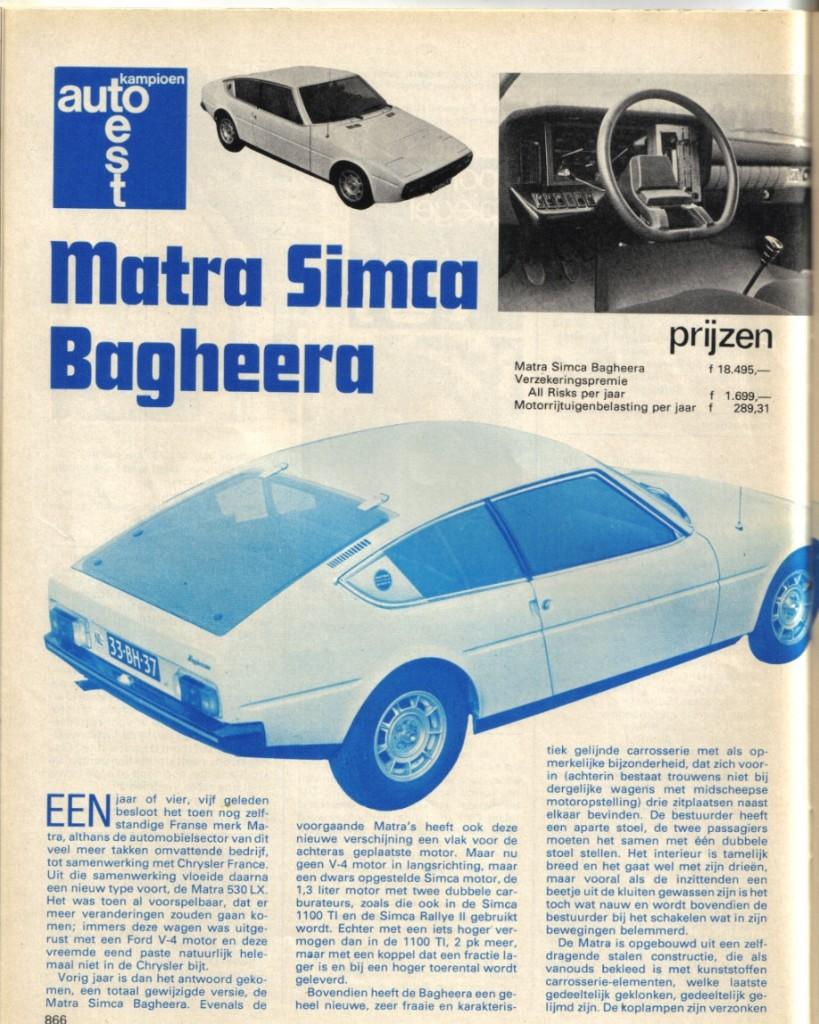Autokampioen test Matra Simca Bagheera 1974, Ophalen of Verzenden, Gelezen, Overige merken