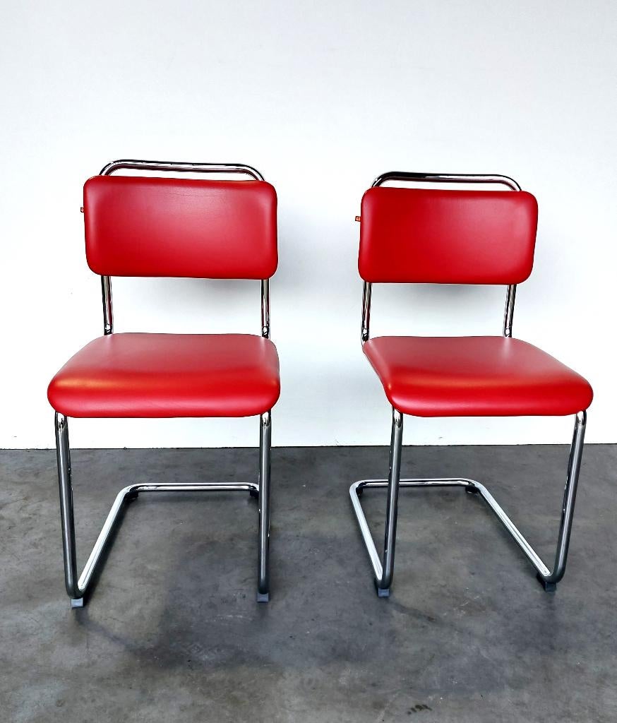 4x Gispen 101 | rood leer | hoogglans chroom | zgan, ., Ophalen of Verzenden, Zo goed als nieuw, Vier